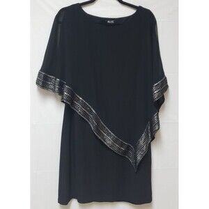 SLNY Black Formal Cocktail Cape Midi Dress Size 12 NWOT Silver Trim Fully Lined